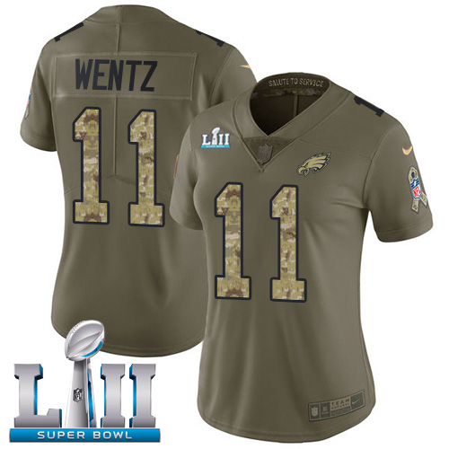 Nike Eagles #11 Carson Wentz Olive/Camo Super Bowl LII Women's Stitched NFL Limited Salute to Service Jersey - Click Image to Close